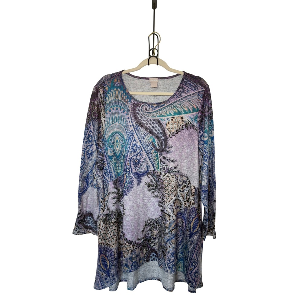 Chico's Size 3 US XL Purple Multicolor Paisley Tunic Top Pockets Whimsigoth Boho